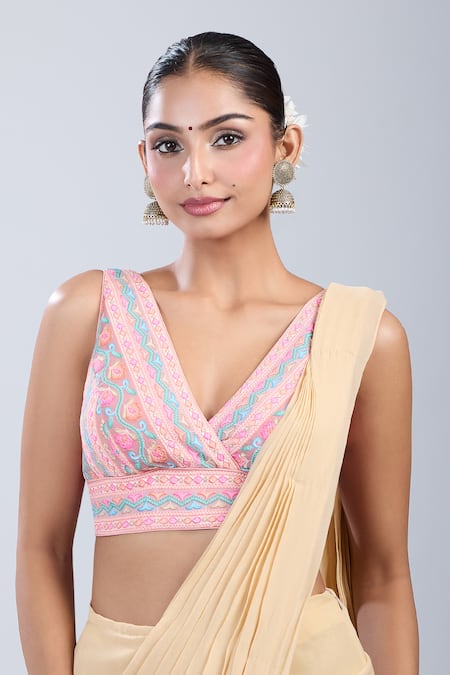 Samyukta Singhania_Pink Cotton V-neck Flower Bloom Pattern Blouse _Online_at_Aza_Fashions