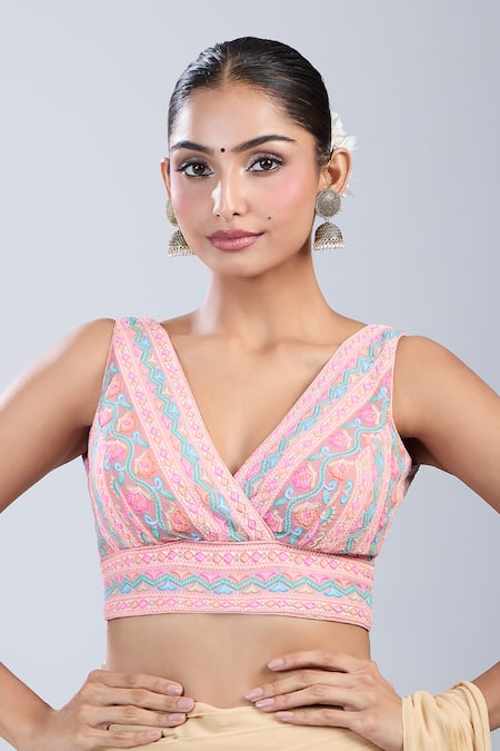 Buy_Samyukta Singhania_Pink Cotton V-neck Flower Bloom Pattern Blouse _Online_at_Aza_Fashions