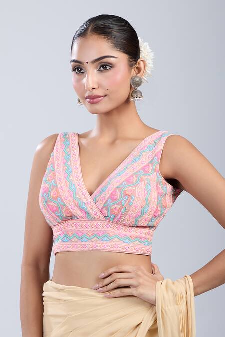 Shop_Samyukta Singhania_Pink Cotton V-neck Flower Bloom Pattern Blouse _Online_at_Aza_Fashions