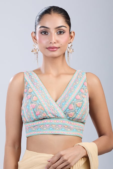 Samyukta Singhania_Green Cotton V-neck Flower Bloom Pattern Blouse _Online_at_Aza_Fashions