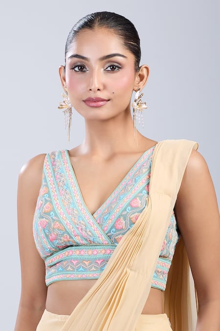 Buy_Samyukta Singhania_Green Cotton V-neck Flower Bloom Pattern Blouse _Online_at_Aza_Fashions