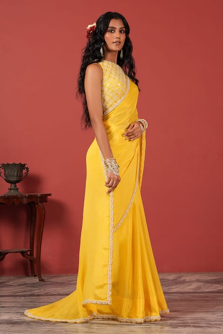 Suruchi Parakh_Yellow Georgette, Crepe Embroidery High Neck Blouse With Saree _Online_at_Aza_Fashions