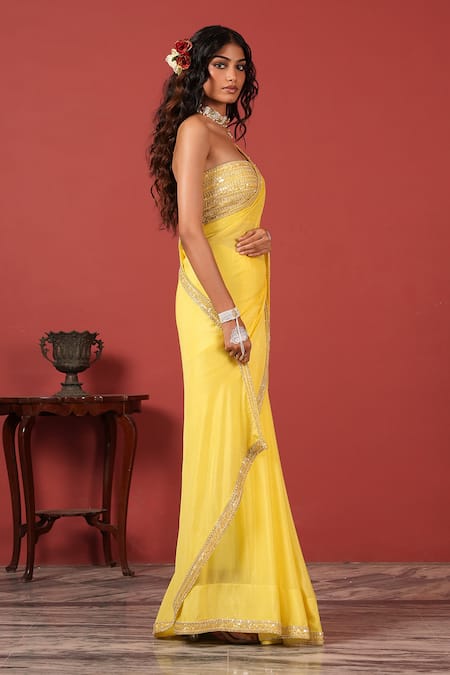 Buy_Suruchi Parakh_Yellow Georgette, Crepe Embroidery Off-shoulder Blouse With Saree _Online_at_Aza_Fashions
