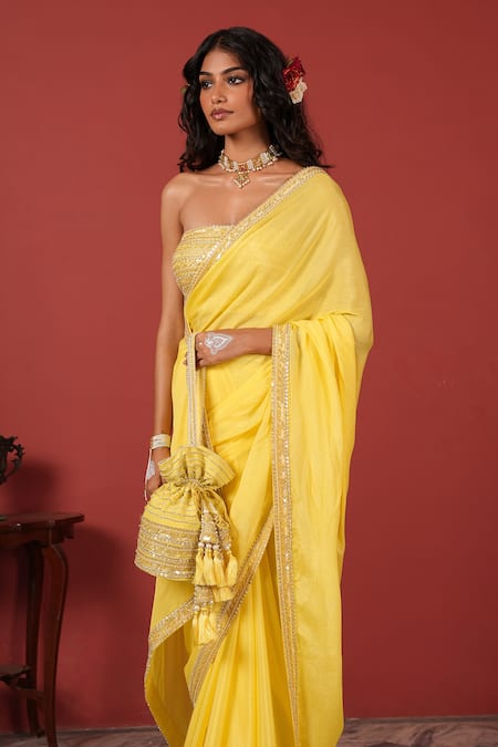 Shop_Suruchi Parakh_Yellow Georgette, Crepe Embroidery Off-shoulder Blouse With Saree _Online_at_Aza_Fashions