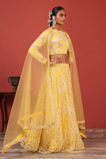 Buy_Suruchi Parakh_Yellow Net Sequins, Embroidery Round Neck Hand Lehenga Set _Online_at_Aza_Fashions