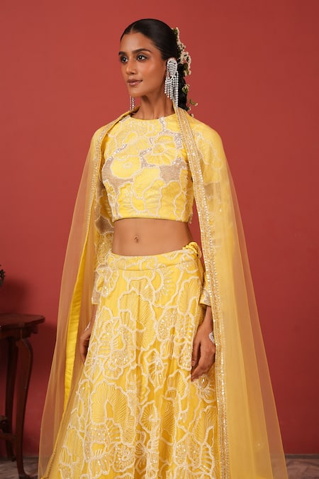 Shop_Suruchi Parakh_Yellow Net Sequins, Embroidery Round Neck Hand Lehenga Set _Online_at_Aza_Fashions
