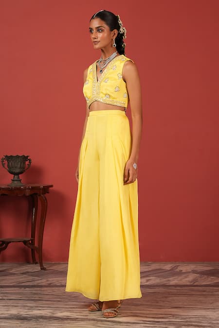 Buy Suruchi Parakh Yellow Georgette, Crepe Embroidery V-neck Floral Blouse With Pant Online at Aza Fashions Buy_Suruchi Parakh_Yellow Georgette, Crepe Embroidery V-neck Floral Blouse With Pant _Online_at_Aza_Fashions