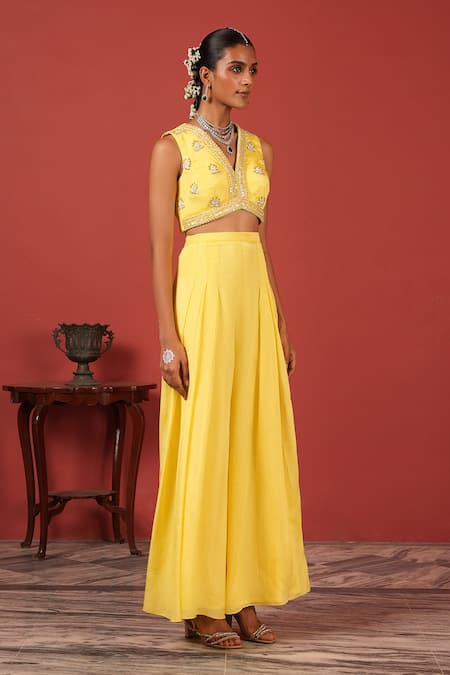 Shop Suruchi Parakh Yellow Georgette, Crepe Embroidery V-neck Floral Blouse With Pant Online at Aza Fashions Shop_Suruchi Parakh_Yellow Georgette, Crepe Embroidery V-neck Floral Blouse With Pant _Online_at_Aza_Fashions