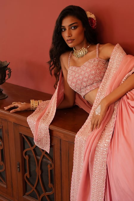 Buy_Suruchi Parakh_Pink Georgette, Crepe Sequins, Embroidery Sweetheart Neck Bustier Lehenga Set _Online_at_Aza_Fashions