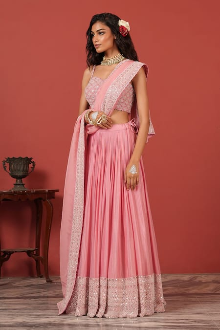 Shop_Suruchi Parakh_Pink Georgette, Crepe Sequins, Embroidery Sweetheart Neck Bustier Lehenga Set _Online_at_Aza_Fashions