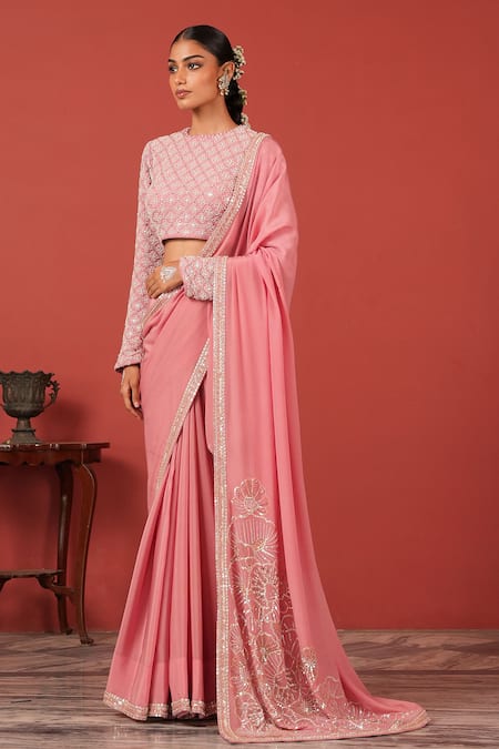 Buy_Suruchi Parakh_Pink Georgette, Crepe Embroidery Round Neck Saree With Statement Blouse _Online_at_Aza_Fashions