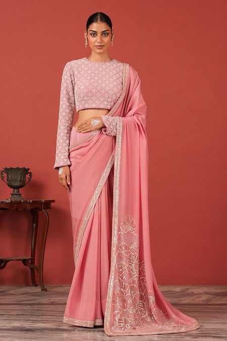 Suruchi Parakh Pink Georgette, Crepe Embroidery Round Neck Saree With Statement Blouse