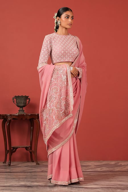 Shop_Suruchi Parakh_Pink Georgette, Crepe Embroidery Round Neck Saree With Statement Blouse _Online_at_Aza_Fashions