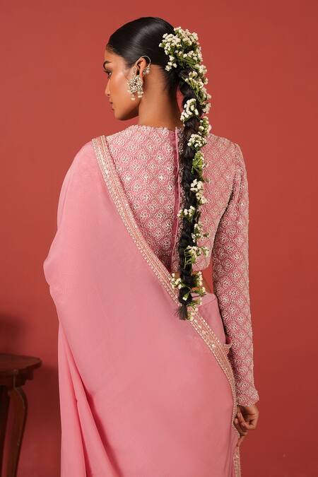 Suruchi Parakh_Pink Georgette, Crepe Embroidery Round Neck Saree With Statement Blouse _at_Aza_Fashions