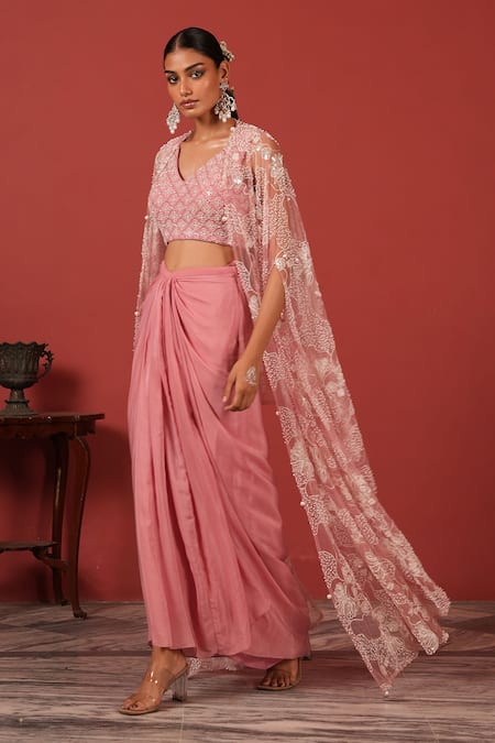 Suruchi Parakh_Pink Net, Crepe Embroidery Open Neck, Jacket And Skirt Set _Online_at_Aza_Fashions