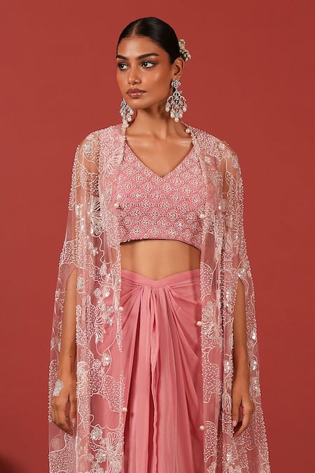 Buy_Suruchi Parakh_Pink Net, Crepe Embroidery Open Neck, Jacket And Skirt Set _Online_at_Aza_Fashions