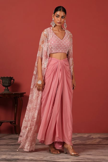 Shop_Suruchi Parakh_Pink Net, Crepe Embroidery Open Neck, Jacket And Skirt Set _Online_at_Aza_Fashions