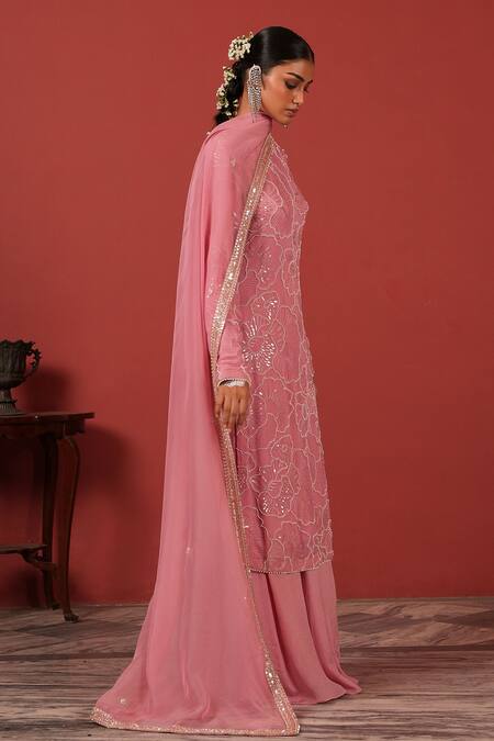 Suruchi Parakh_Pink Georgette Embroidery, Sequins, Beads High Neck Kurta Sharara Set _Online_at_Aza_Fashions