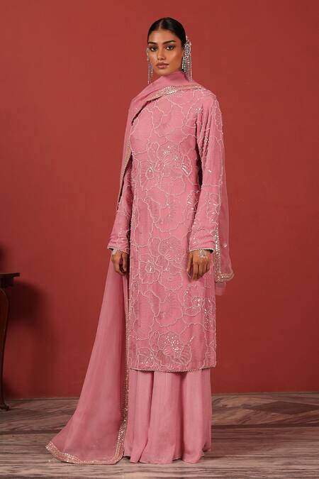 Buy_Suruchi Parakh_Pink Georgette Embroidery, Sequins, Beads High Neck Kurta Sharara Set _Online_at_Aza_Fashions