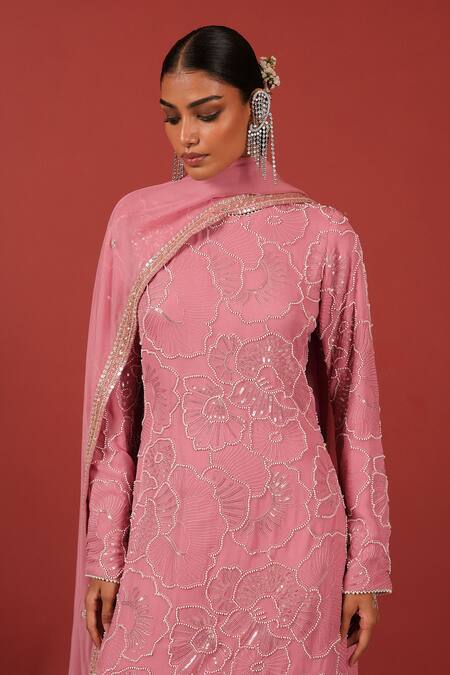 Shop_Suruchi Parakh_Pink Georgette Embroidery, Sequins, Beads High Neck Kurta Sharara Set _Online_at_Aza_Fashions