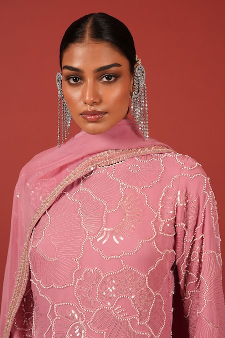 Suruchi Parakh_Pink Georgette Embroidery, Sequins, Beads High Neck Kurta Sharara Set _at_Aza_Fashions
