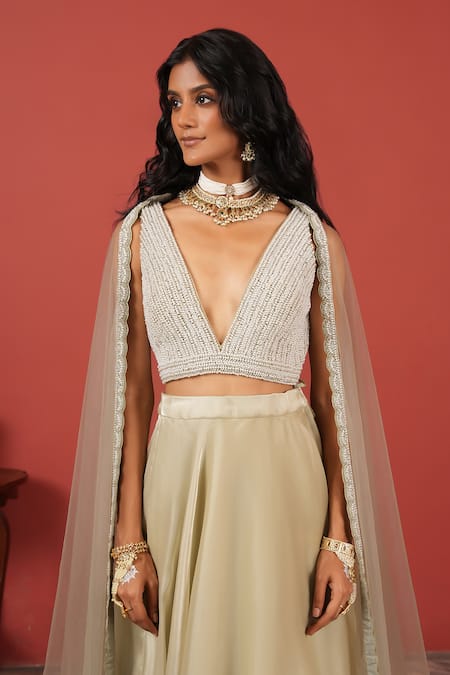Buy_Suruchi Parakh_Ivory Tissue, Net Embroidery, Sequins V-neck Blouse Skirt Set 
