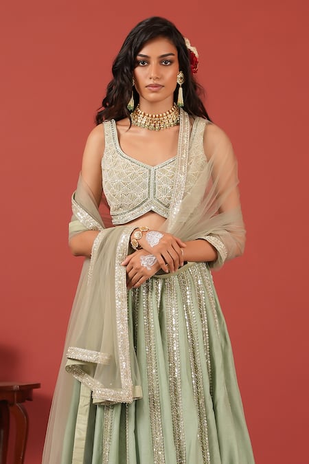Suruchi Parakh_Green Tissue, Net Sequins, Embroidery Round Neck Handcrafted Lehenga Set _Online_at_Aza_Fashions