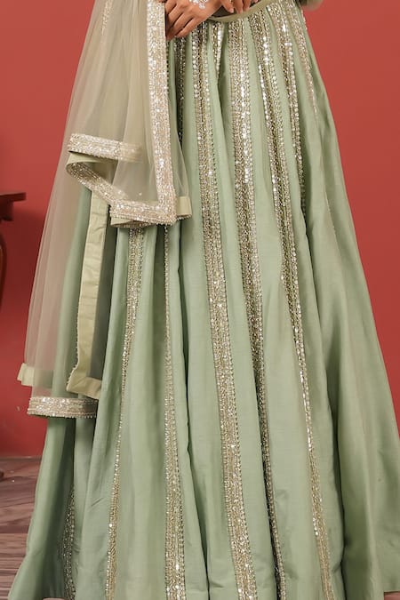 Buy_Suruchi Parakh_Green Tissue, Net Sequins, Embroidery Round Neck Handcrafted Lehenga Set _Online_at_Aza_Fashions