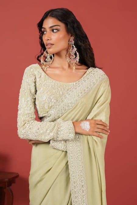 Buy_Suruchi Parakh_Green Crepe Embroidery Round Neck Hand Blouse And Saree Set _Online_at_Aza_Fashions