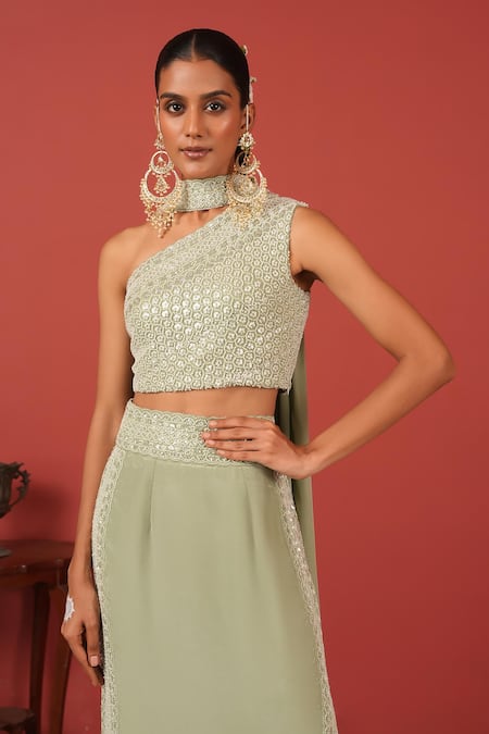 Suruchi Parakh_Green Crepe Embroidery Asymmetric Top With Straight Skirt _Online_at_Aza_Fashions