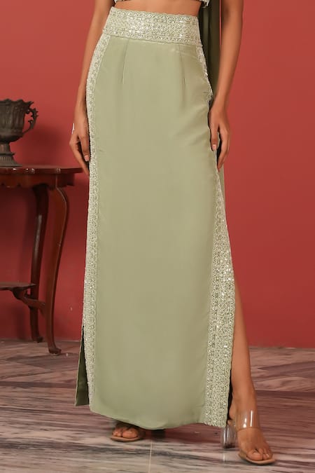 Buy_Suruchi Parakh_Green Crepe Embroidery Asymmetric Top With Straight Skirt _Online_at_Aza_Fashions