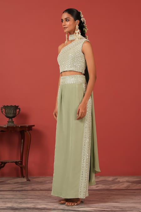 Shop_Suruchi Parakh_Green Crepe Embroidery Asymmetric Top With Straight Skirt _Online_at_Aza_Fashions