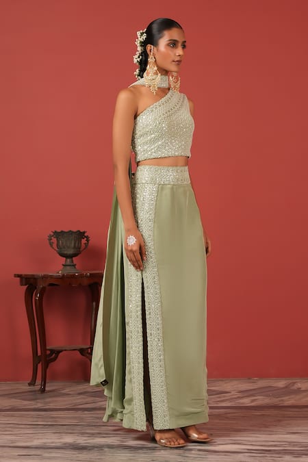 Suruchi Parakh_Green Crepe Embroidery Asymmetric Top With Straight Skirt _at_Aza_Fashions