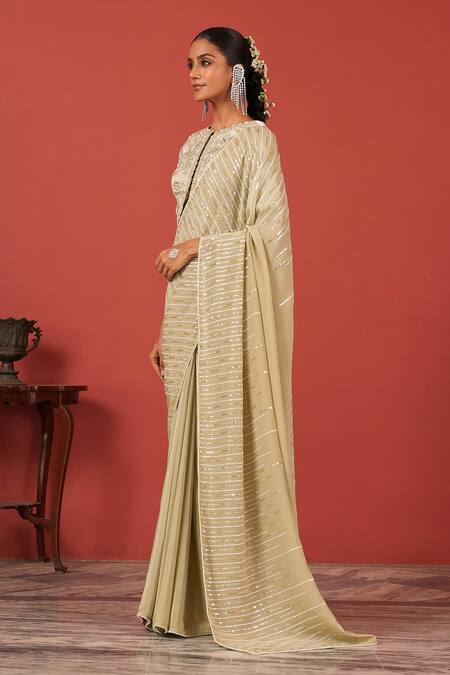 Buy_Suruchi Parakh_Green Crepe, Tissue Sequins, Embroidery Round Neck Cutwork Blouse With Saree _Online_at_Aza_Fashions