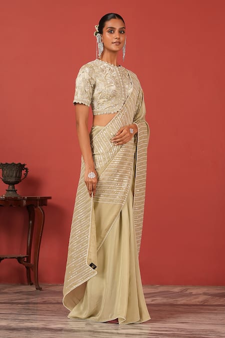 Shop_Suruchi Parakh_Green Crepe, Tissue Sequins, Embroidery Round Neck Cutwork Blouse With Saree _Online_at_Aza_Fashions