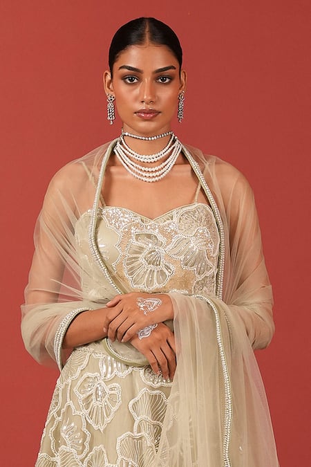 Buy_Suruchi Parakh_Green Net Embroidery Sweetheart Neck Lehenga Set _Online_at_Aza_Fashions