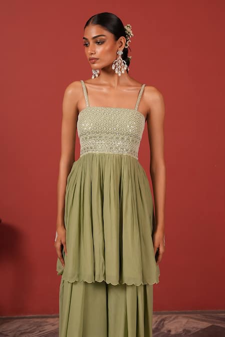Suruchi Parakh_Green Crepe Beads, Embroidery Square Neck Top And Palazzo Set _Online_at_Aza_Fashions
