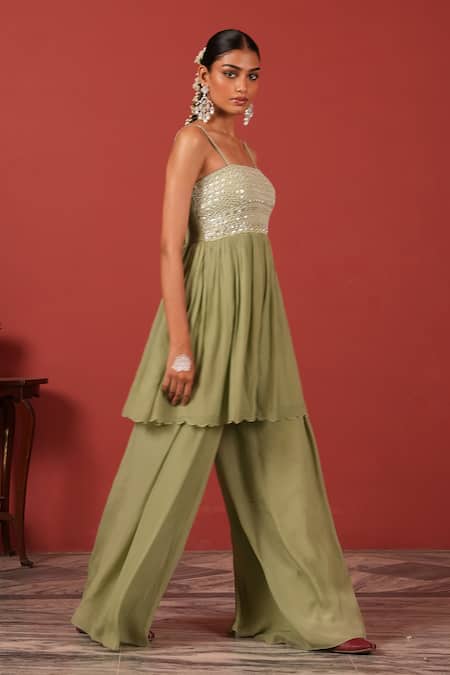 Shop_Suruchi Parakh_Green Crepe Beads, Embroidery Square Neck Top And Palazzo Set _Online_at_Aza_Fashions