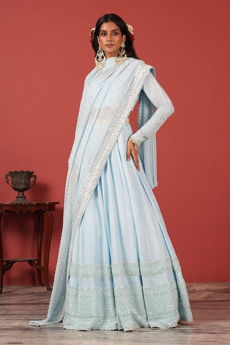 Suruchi Parakh Blue Silk, Georgette Embroidery, Sequins, Beads Round Neck Lehenga Set