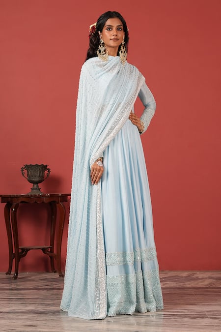 Buy_Suruchi Parakh_Blue Silk, Georgette Embroidery, Sequins, Beads Round Neck Lehenga Set _Online_at_Aza_Fashions