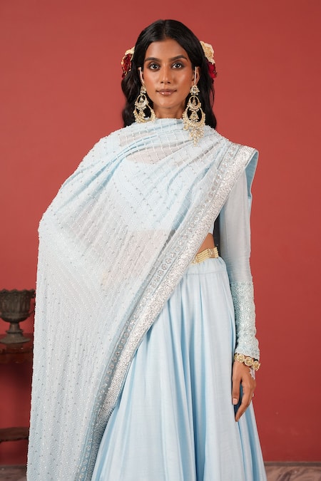 Shop_Suruchi Parakh_Blue Silk, Georgette Embroidery, Sequins, Beads Round Neck Lehenga Set _Online_at_Aza_Fashions