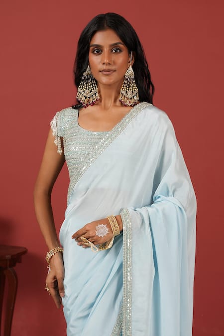 Shop_Suruchi Parakh_Blue Georgette Sequins, Embroidery, Beads Round Neck Blouse With Saree _Online_at_Aza_Fashions