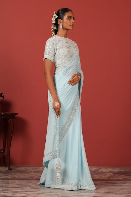 Suruchi Parakh_Blue Crepe Sequins, Beads, Embroidery Round Neck Blouse With Saree _Online_at_Aza_Fashions