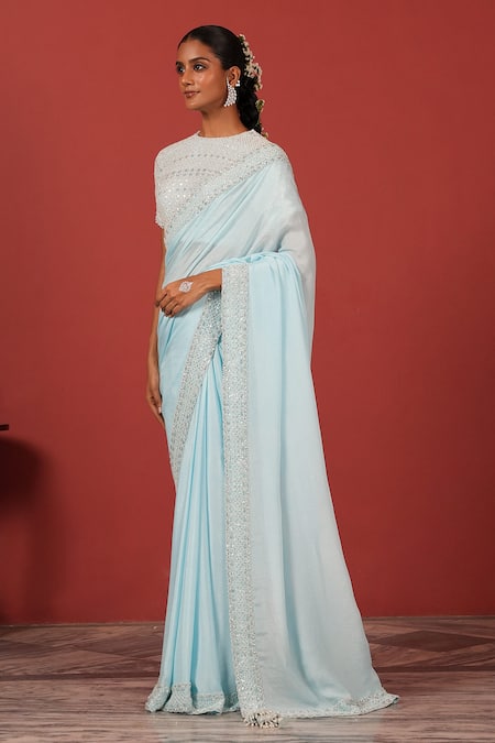Buy_Suruchi Parakh_Blue Crepe Sequins, Beads, Embroidery Round Neck Blouse With Saree _Online_at_Aza_Fashions