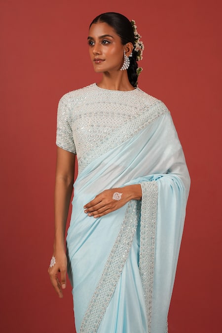 Shop_Suruchi Parakh_Blue Crepe Sequins, Beads, Embroidery Round Neck Blouse With Saree _Online_at_Aza_Fashions