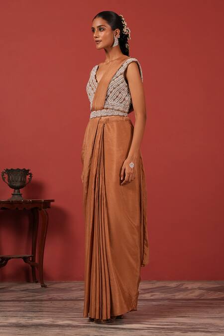 Suruchi Parakh_Brown Crepe Embroidery V-neck Blouse And Pre-draped Saree Set _Online_at_Aza_Fashions