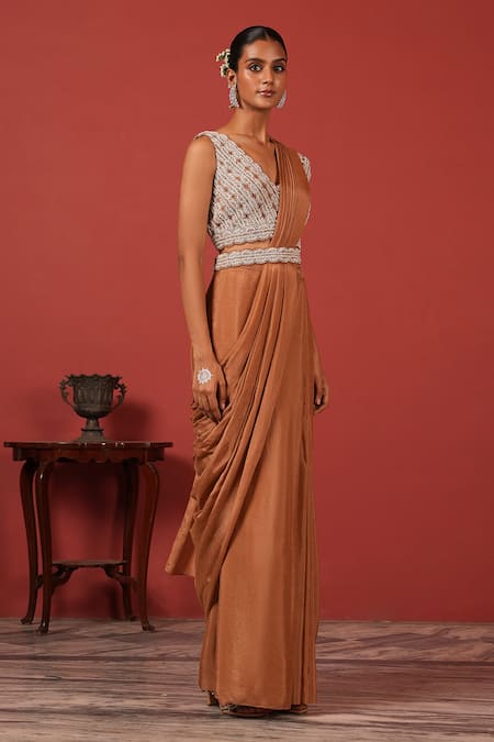 Buy_Suruchi Parakh_Brown Crepe Embroidery V-neck Blouse And Pre-draped Saree Set _Online_at_Aza_Fashions