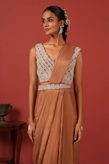 Shop_Suruchi Parakh_Brown Crepe Embroidery V-neck Blouse And Pre-draped Saree Set _Online_at_Aza_Fashions