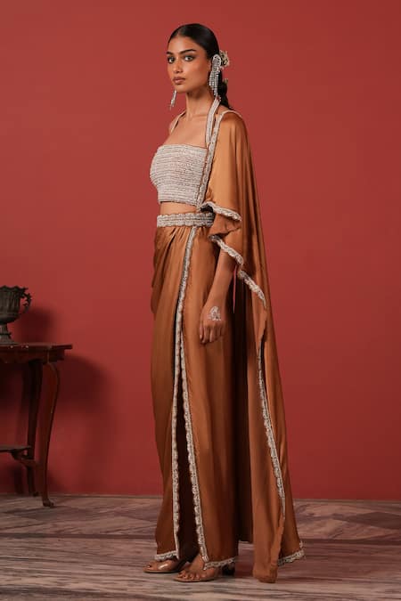Buy_Suruchi Parakh_Brown Satin Embroidery Square Neck Blouse And Pre-draped Saree Set _Online_at_Aza_Fashions