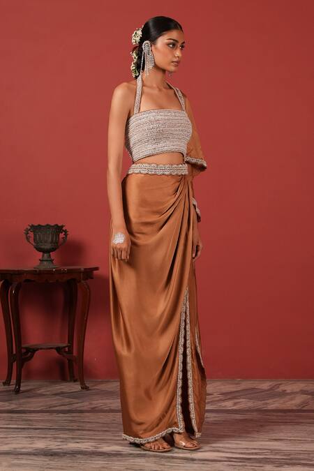 Suruchi Parakh_Brown Satin Embroidery Square Neck Blouse And Pre-draped Saree Set _at_Aza_Fashions